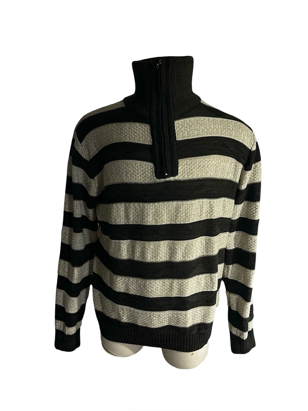 NWT Pronti Striped Mock Neck Sweater Mens XXL Black Cream Quarter Zip Knit K1712